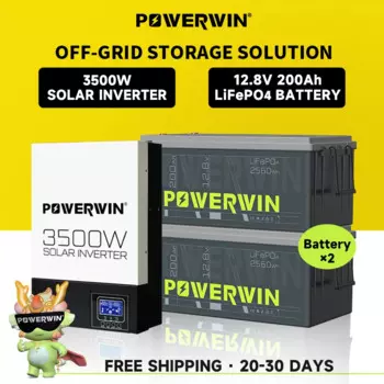 POWERWIN BT200 LifePO4 12 В 200 Ач/2560 Втч HI3500 Гибридный солнечный инвертор 3500 Вт 24 В Чистая синусоида 100 А MPPT Автономный ЖК-дисплей 24 В Батарея