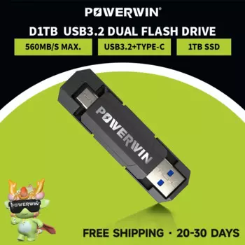 POWERWIN D1TB 1TB Type C + USB A 3,2 Gen1 USB 560 MB/s 2-в-1 двойной флэш-накопитель для iPhone 15, Android, планшета, Windows, MacOS
