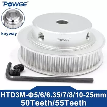 POWGE 50 55 зубьев HTD 3M Диаметр шкива ГРМ 6/6,35/7/8/10/12/14/15/16/18/19/20/22/24/25 мм для ремня HTD3M ширина 6/10/15 мм 50T 55T