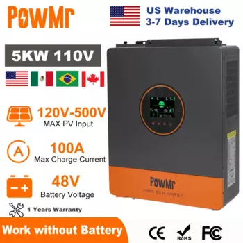 PowMr 5 кВт разделенный фазовый инвертор 110 В 48 В в сети от сети Чистая синусоида Гибридный солнечный инвертор с зарядным устройством MPPT 100 А