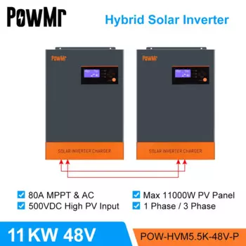 PowMr Гибридный солнечный инвертор 11 кВт 48 В 220 В 500В постоянного тока PV вход 80A MPPT Солнечное зарядное устройство и зарядное устройство чистая Синусоидальная волна солнечные инверторы