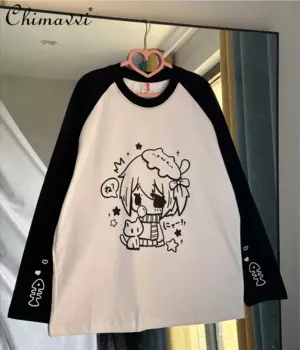 Повседневная футболка с длинным рукавом и принтом в японском стиле, осенняя Новинка, модная свободная Студенческая футболка с круглым вырезом для девочек, Топ