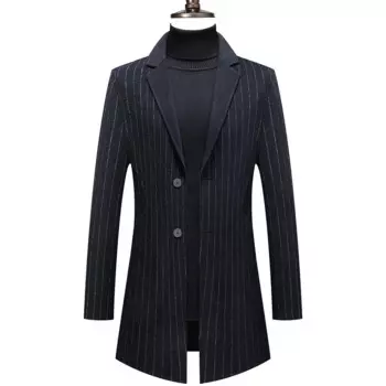 Повседневная мужская шерстяная куртка средней длины на осень и зиму, верхняя одежда, Свободные шерстяные пальто в полоску, деловая ветровка, мужская теплая куртка