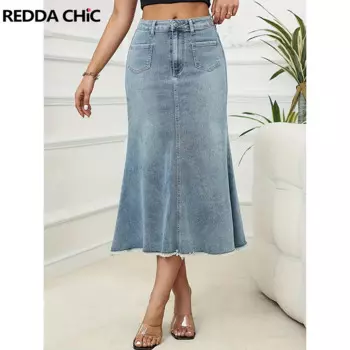 Повседневная однотонная женская юбка REDDACHiC в офисном стиле с юбкой-годе и необработанными краями, джинсовая юбка с высокой талией, летняя винтажная одежда