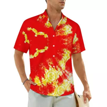 Повседневная рубашка Tie Dye Dreams, красные и желтые винтажные гавайские рубашки, мужские блузки с короткими рукавами в пляжном уличном стиле, большие размеры