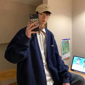 Повседневная Толстовка, мужской кардиган, весна-осень, японский колледж, однобортная свободная парная куртка, модное однотонное пальто с V-образным вырезом