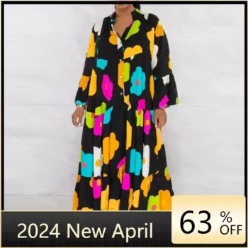 Повседневное женское длинное вечернее платье с v-образным вырезом, модное свободное платье макси с цветочным принтом и пуговицами, весенне-осеннее плиссированное платье-рубашка с длинными рукавами