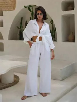 Повседневные хлопково-льняные длинные брюки, комплект из 2 предметов, однотонная свободная однобортная рубашка с лацканами и прямые брюки, костюмы на весну-лето