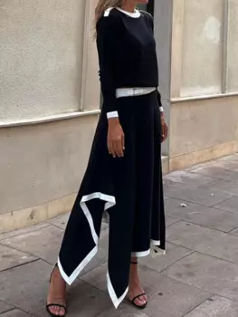 Повседневные комплекты из двух предметов, Женский однотонный модный наряд в стиле пэчворк с круглым вырезом, Топ с длинным рукавом и юбка макси, женские костюмы, уличная одежда на осень
