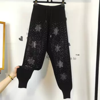 Повседневные тяжелые бриллиантовые Трикотажные Узкие брюки-султанки в полоску с эластичным поясом длинные брюки