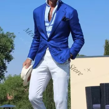 Повседневный деловой костюм из 2 предметов, приталенный костюм, мужской костюм, пляжный праздничный костюм, мужской темно-синий жакет, белые брюки