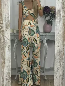 Повседневный комплект из 2 целей, модная уличная одежда на тонких бретельках, женская одежда, винтажные топы и брюки, костюм с принтом, новый модный