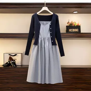 Повседневный комплект из двух предметов для женщин, вязаный кардиган с V-образным вырезом и клетчатое платье на бретельках, большой размер 4XL, Женский костюм на весну и осень