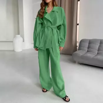 Повседневный комплект из хлопка и льна, пальто и брюк, женский модный осенне-зимний Топ с длинным рукавом и лацканами на шнуровке, брюки с широкими штанинами, женские наряды