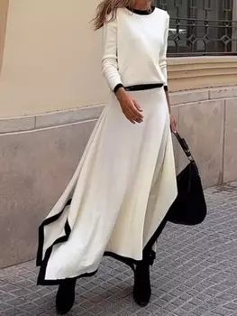 Повседневный комплект из рубашки и юбки макси, Женский однотонный элегантный наряд в стиле пэчворк на весну и осень, офисные женские костюмы с длинным рукавом 2024