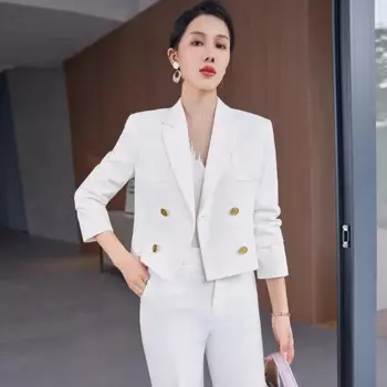 Повседневный короткий Блейзер Insozkdg в стиле ретро, костюм с прямыми брюками, однотонный двубортный костюм, куртки, брюки, костюм из двух предметов