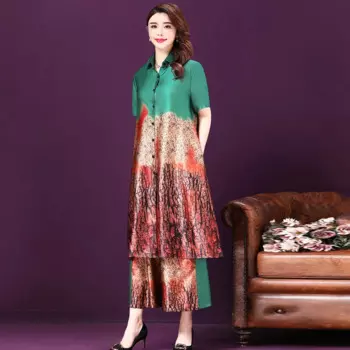 Повседневный костюм для мамы, Новинка лета 2022, женский модный свободный костюм из двух предметов, блузка с широкими штанинами размера плюс 6XL, Женский костюм из двух предметов