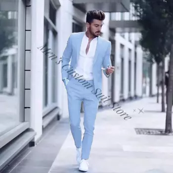 Повседневный Модный деловой мужской костюм для свадебной вечеринки смокинги Небесно-Голубой летний облегающий мужской костюм с заостренным лацканом (пиджак + брюки)