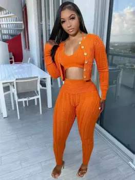 Повседневный свитер KEXU, кардиган, Комплект из 3-х предметов, рубашка + кроп-топ + длинные брюки, спортивный костюм, комплект одежды для женщин