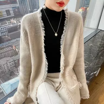 Повседневный свободный кашемировый вязаный женский кардиган, свитер с V-образным вырезом для осени и зимы, новинка 2024, женский шерстяной свитер с длинными рукавами