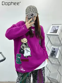 Повседневный вязаный свитер с 3D мультяшным рисунком, осенне-зимний новый пуловер с круглым вырезом, свободный повседневный женский свитер с заниженными плечами и рукавами