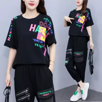 Повседневный Женский комплект из двух предметов, летний комплект из двух предметов с буквенным принтом, корейский спортивный костюм, женский летний спортивный костюм
