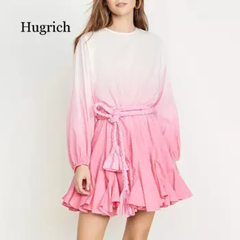 Праздничный стиль 2020, новинка, модное свободное короткое платье с круглым вырезом, рукавами-пузырями и поясом