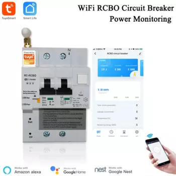Приложение Tuya Smart Life RCBO Автоматический выключатель с мониторингом мощности 2P WiFi RCBO MCB Защита от утечки тока и короткого замыкания Alexa