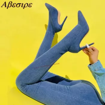 Привлекательные синие джинсовые сапоги, брюки с острым носком на шпильке, универсальные удобные темпераментные Женские Сапоги выше колена, 2023