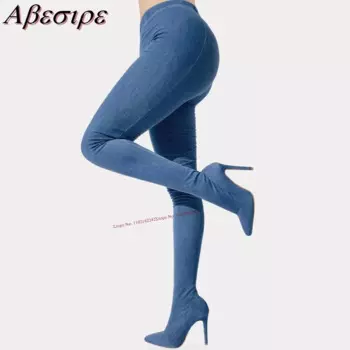 Привлекательные синие джинсовые сапоги, брюки с острым носком на шпильке, универсальные удобные темпераментные Женские Сапоги выше колена, 2023