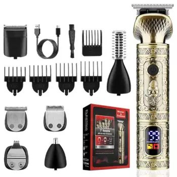 Профессиональная машинка для стрижки волос 7 в 1, мужской парикмахерский набор, полностью металлический триммер для волос, триммер для носа, набор для ухода