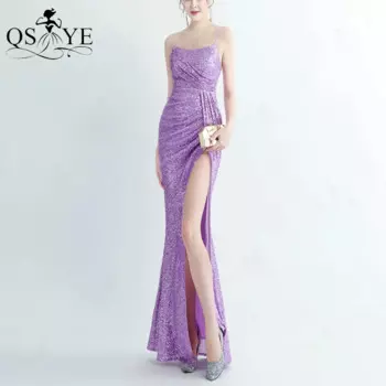 Простое фиолетовое платье для девушек на выпускной вечер с блестками на тонких бретельках Лавандовое вечернее платье с рюшами и открытым разрезом