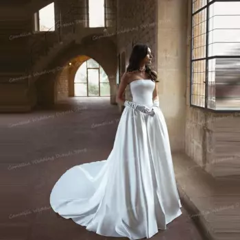 Простое свадебное платье с открытой спиной и бантом, ТРАПЕЦИЕВИДНОЕ сексуальное платье без бретелек, со шлейфом, без рукавов, со шнуровкой, с открытой спиной, женские свадебные платья без рукавов