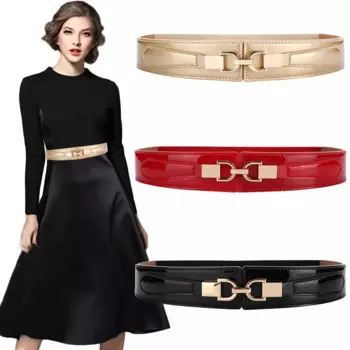 Простой эластичный ремень из натуральной кожи для женщин, пуховик из лакированной кожи, платье, широкий женский ремень с золотой пряжкой