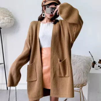 Простые черные осенние с открытым швом; Уличная одежда свободного кроя с карманами пальто для Женская мода все-матч новое платье с трикотажным верхом и C467