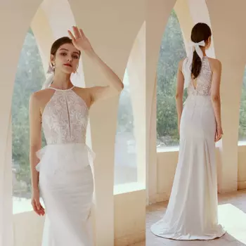 Простые мягкие атласные свадебные платья с лямкой на шее женское пляжное свадебное платье Русалка со шлейфом женское платье