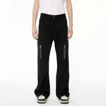 Простые новые индивидуальные мужские джинсовые брюки на молнии, повседневные Прямые брюки с широкими штанинами, однотонные мужские джинсы, летний тренд 2024