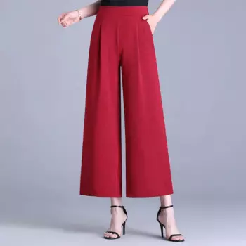 Простые повседневные летние однотонные женские брюки из вискозы с эластичным поясом и карманами на пуговицах модные укороченные брюки с высокой талией и широкими штанинами