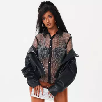 Прозрачная Черная Женская рубашка с длинным рукавом и пуговицами