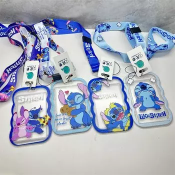 Прозрачный держатель для удостоверений личности для студентов, милый прозрачный держатель для бейджа из ПВХ Lilo & Stitch со шнурком для школьного офиса