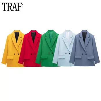 Прямой Длинный блейзер TRAF, Женская двубортная куртка, Женский офисный блейзер с длинным рукавом для женщин, минималистичные женские блейзеры