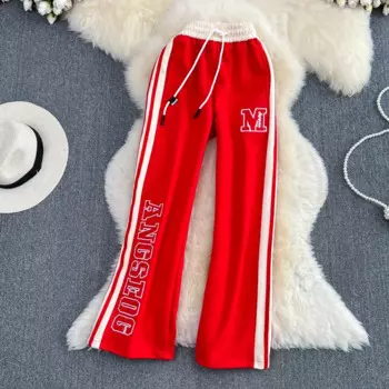 Прямые спортивные брюки в американскую полоску сбоку, женские весенние модные европейские повседневные драпированные брюки с вышивкой буквами и высокой талией