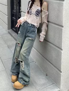 Пряные Уборные джинсы для девушек, с высокой талией, перфорированные джинсы, женские новые уличные прямые широкие брюки с широкими штанинами, длинные брюки
