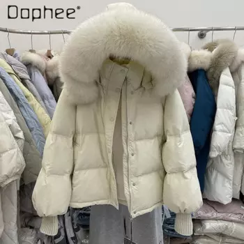 Пуховик женский зимний в Корейском стиле, свободный пуховик с большим воротником из натурального меха, однотонное утепленное пальто для женщин, 2024