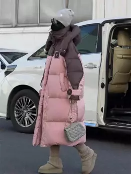 Пуховик зимний длинный с капюшоном на белом утином пуху