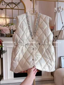 Пуховый жилет, женский осенне-зимний жилет с ромбовидным вырезом и V-образным вырезом, без рукавов, с завязками на талии, утолщенный жилет, куртка для тяжелой промышленности, белый