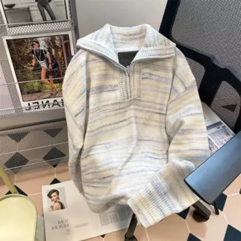 Пуловер мужской полосатый с полумолнией, свитер с длинным рукавом и отложным воротником, Женский Топ, весна