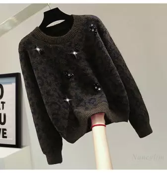 Пуловер с длинными рукавами и бриллиантами, вязаный свитер, женский зимний свитер 2024, леопардовый свитер с блестками и круглым вырезом, джемперы