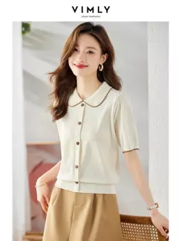 Пуловер Vimly с коротким рукавом-фонариком, свитер, Женская Летняя трикотажная одежда, 2023 французская мода, джемпер с отложным воротником, женская одежда