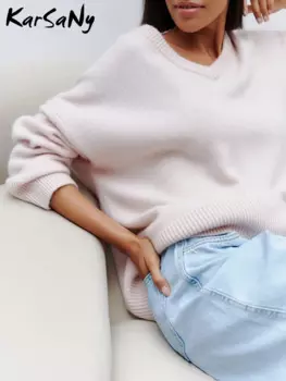 Пуловер женский оверсайз с V-образным вырезом, трикотаж женский, женский трикотажный свитер, Осень-зима 2024, свитер яркий, джемпер женский 2024, свитер оранжевый